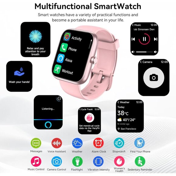 Pink Smart Watch for Men Women Heart Rate Sleep Tracker for iPhone Android - Picture 6 of 7